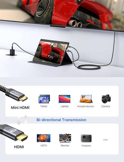 6FT Mini HDMI to HDMI Cable - High Speed 4K 60Hz HDMI 2.0 with Aluminum Shell and Braided Design, Compatible with Cameras, Camcorders, Tablets, Graphics Cards, Laptops, and Raspberry Pi Zero W